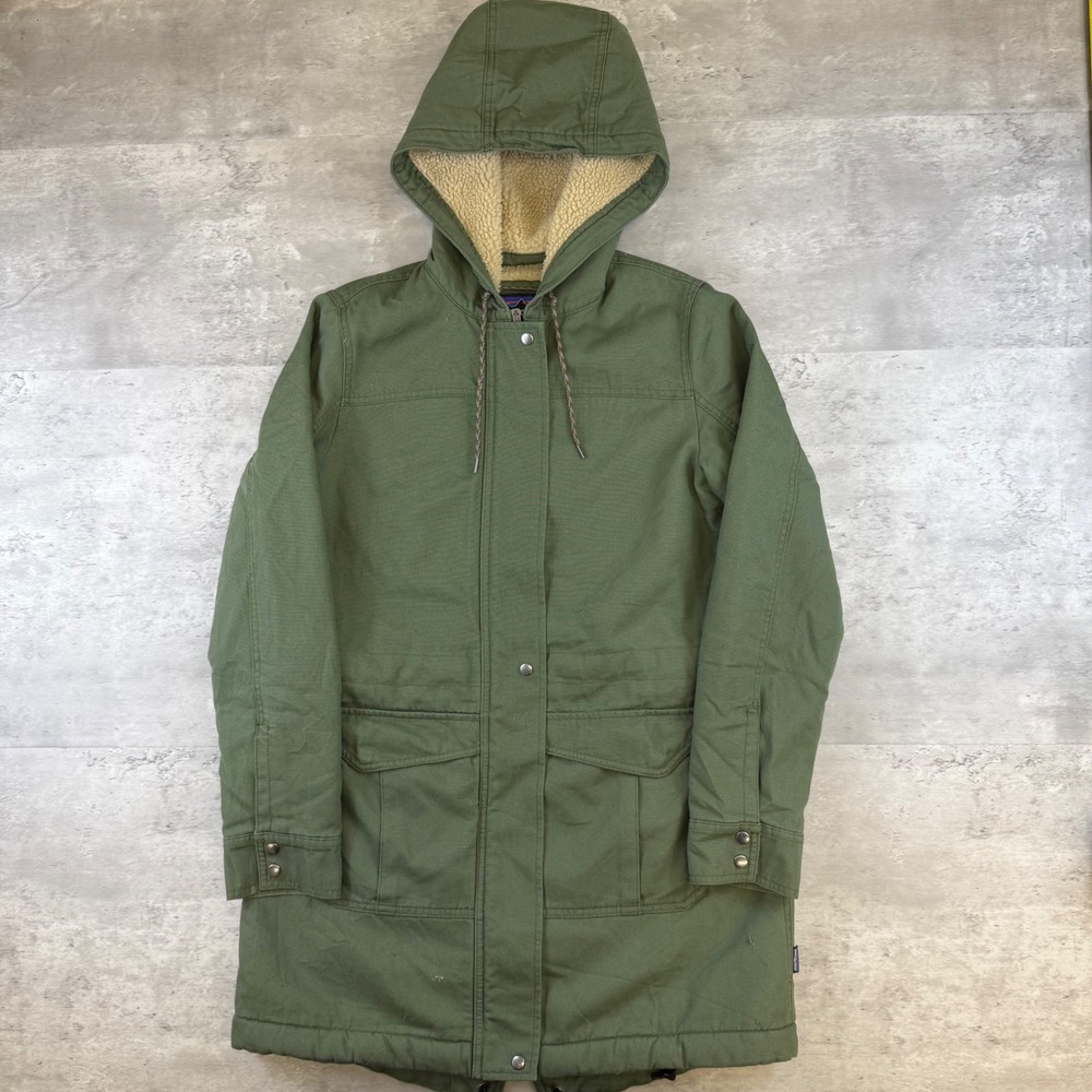 Patagonia Womens Prairie Dawn Insulated Parka Jacket Green Canvas Fleece Small